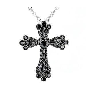 Black Spinel Rhodium Over Sterling Silver Cross Pendant Necklace Chain JTV NEW